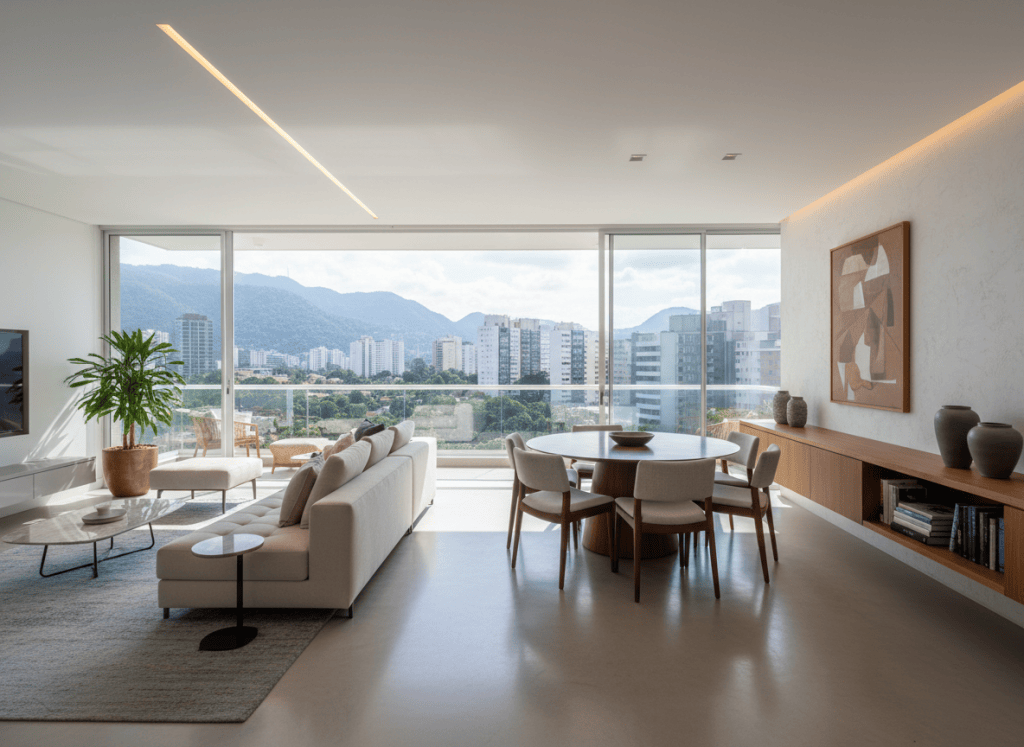Professional real estate appraisal photo showing a modern Brazilian building exterior or luxury apartment interior, natural lighting, high quality architectural photography